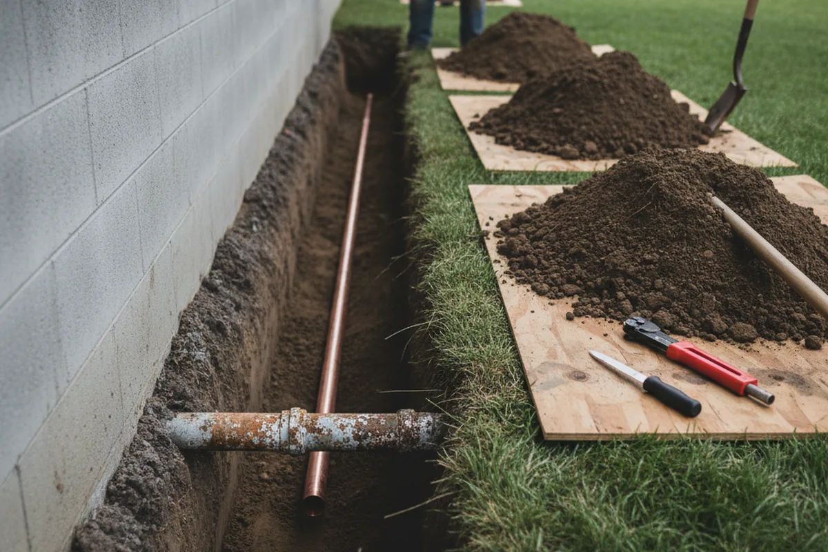 Excavated water line trench during Water Softener Installation in Lone Tree